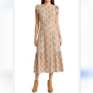 NWOT Treasure & Bond Floral Midi Dress 1X Flutter Sleeve Beige Sketch Prairie